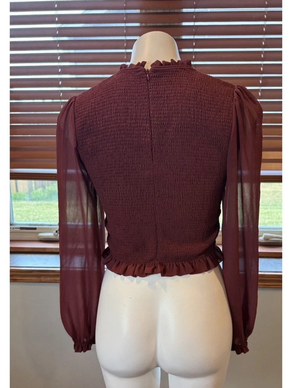 WILFRED ARITZIA Tempest Smocked Chiffon Blouse in Maroon Size M